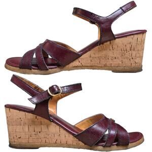 Aigner Brown Oxblood Leather Cork Wedge Vintage Strappy Sandals Shoes 7 B